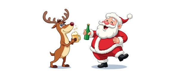 santa claus and reindeer enjoying festive drinks together