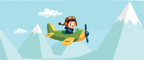 smiling child soaring in a green airplane over snowy mountains