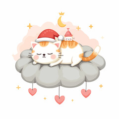 two adorable cats peacefully sleeping on a cloud wearing festive hats