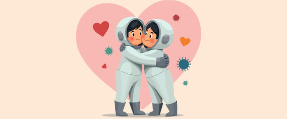 two astronauts in protective suits embrace symbolizing hope and unity during a