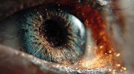 An extreme close-up of a human eye with glowing particles, representing vision, technology, artificial intelligence, and futuristic perception.