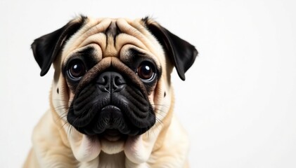 Wrinkled pug face, close-up, pure white background, dog, studio, adorable