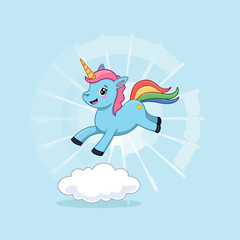 cheerful light blue unicorn with a rainbow tail soars playfully over a fluffy white cloud.