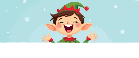 cheerful cartoon elf with a joyful expression looks over a blank sign