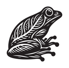 Frog silhouette jumping, climbing a plan, line art vector.