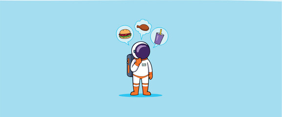pensive astronaut in a white spacesuit contemplates a burger fries and a drink against a light-blue background