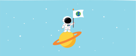cartoon astronaut planting earth flag on a yellow planet © Rysak