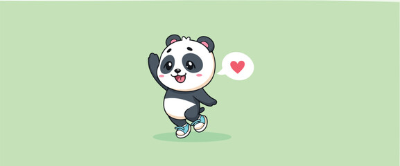 cheerful panda bear in sneakers waves hello with a loving heart speech bubble