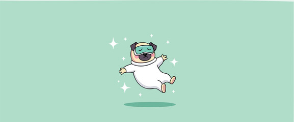 pug dog in a white spacesuit floats gently against a mint green background