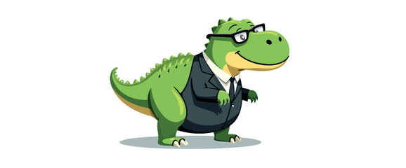 cheerful green dinosaur in suit and glasses