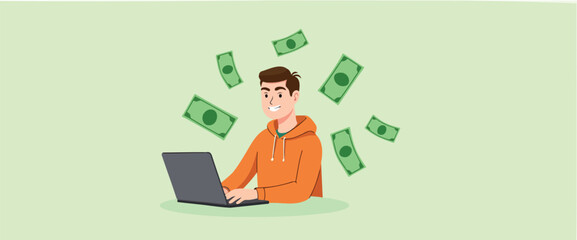 smiling man using laptop with money around him