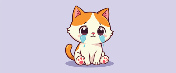 adorable cartoon kitten with and white fur sitting and crying