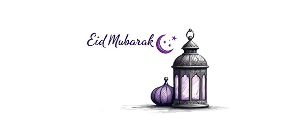 ornate metallic lantern and purple decorative item for eid mubarak