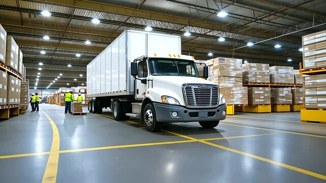A modern white freight truck sits at the loading dock of a large warehouse, its back door open as a team of logistics workers efficiently stacks labeled packages inside.