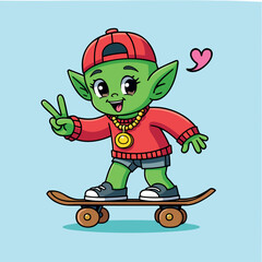 cheerful green elf skateboarding with peace sign