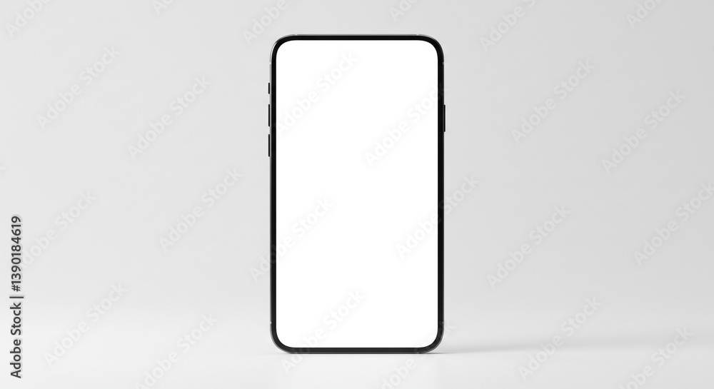 Poster a sleek black smartphone displaying a blank white screen, ready for your app or design against a min