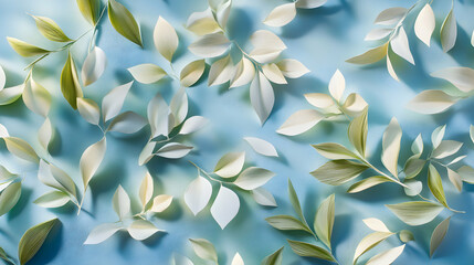 Gentle Green and Cream Leaves on a Soft Blue Background with Natural Light