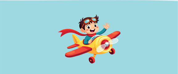 happy boy cheerfully piloting a yellow airplane