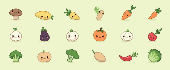 sixteen cheerful cartoon vegetables