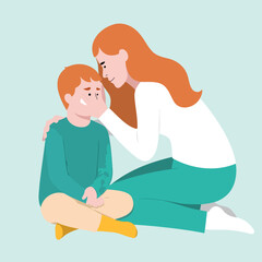 mother gently comforts her upset son showcasing a tender moment of care and affection.