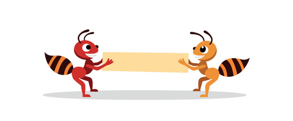 two cartoon ants carrying a beige rectangular sign