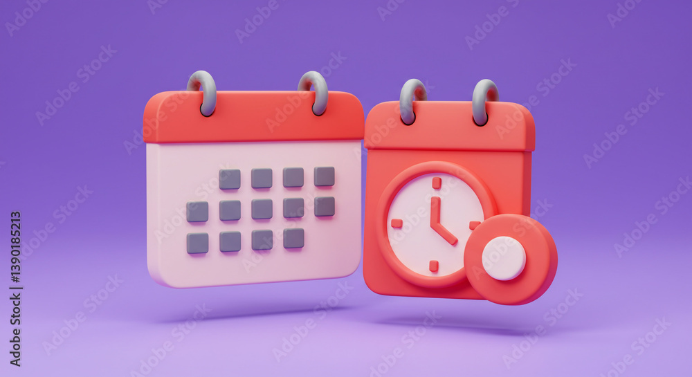 Poster a playful calendar and clock duo symbolizing time management and scheduling on a vibrant purple back