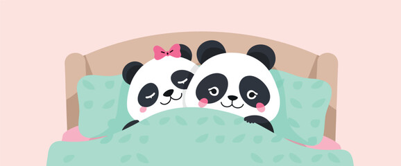 two cuddly pandas sleeping peacefully in bed together