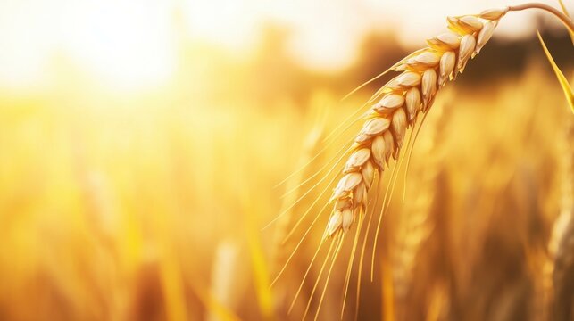 Golden wheat field shine at sunset with close-up of sunlit ears.