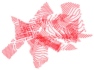 Collection of red net mesh fragments in various abstract shapes. Cut-out plastic texture on transparent background for digital collage