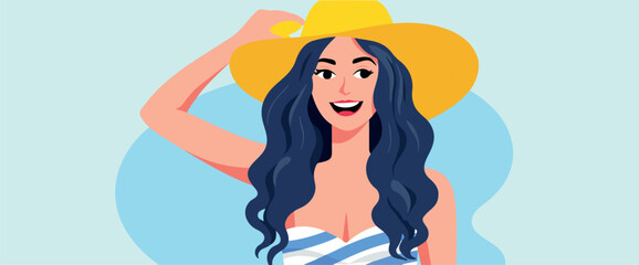 smiling woman in a yellow sun hat and striped swimsuit enjoys a summer day