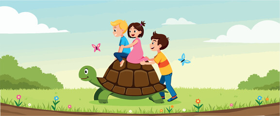 three smiling children joyfully ride a large turtle in a vibrant park setting