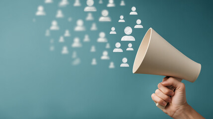 Hand holding a megaphone with illustrated people icons representing communication and outreach in a modern and vibrant background setting