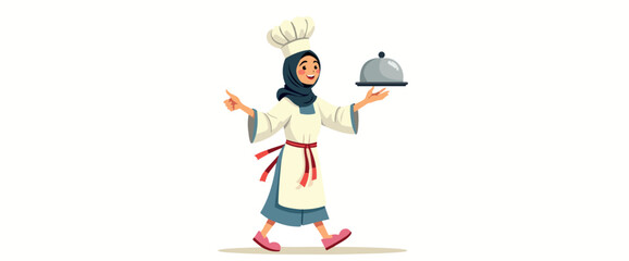 smiling female chef in hijab carrying a food dome