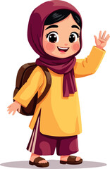 cheerful young girl in yellow tunic and maroon headscarf waving while carrying a backpack