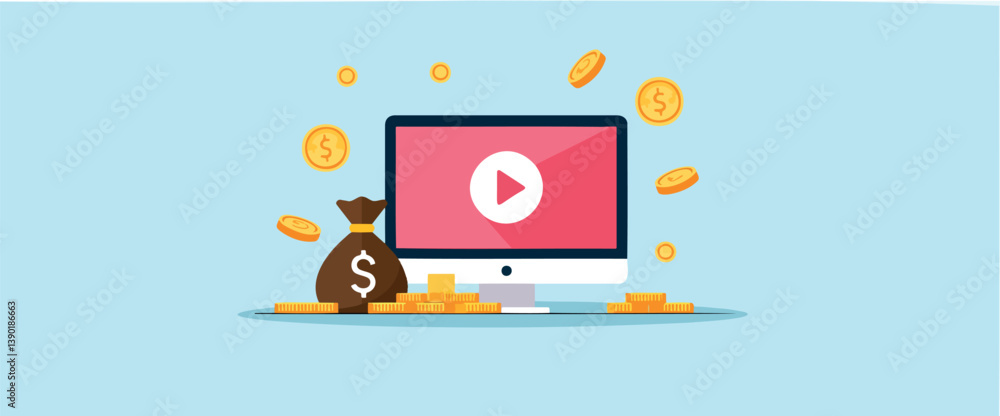 Poster computer screen displaying play button with gold coins and money bag illustrating online monetizatio