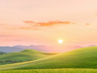 Obraz premium Rolling Green Hills at Sunset: Serene Landscape of Tuscan Countryside, Golden Light