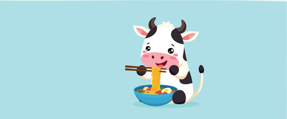 playful cartoon cow enjoying a bowl of noodles