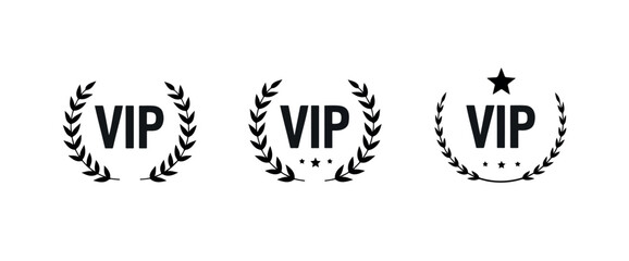 three variations of a vip emblem with laurel wreaths and stars