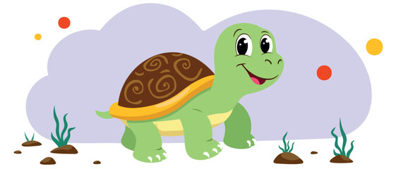 cheerful green turtle with swirling