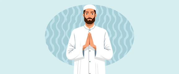 man in traditional attire with hands pressed together in a gesture of respect