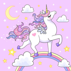 Naklejka premium White cartoon unicorn walking on rainbow on pink background. Flat design. For children's design of prints, posters, cards, stickers, etc. Vector illustration