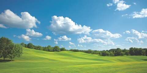 Fototapeta premium Serene Green Landscape under Bright Blue Sky with Fluffy Clouds