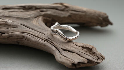 Obraz premium Textured Silver Ring Resting On Driftwood Jewelry Photography Modern Design