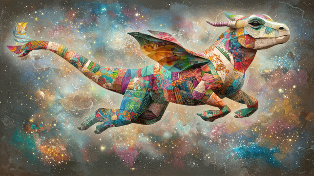 A dragon made of many different colors and patterns.