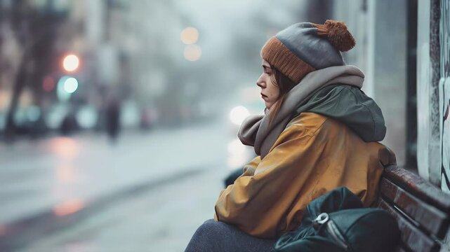 Sad young woman sitting alone at bus stop, wearing warm clothing, waiting in gloomy urban evening with blurred city lights and rainy atmosphere