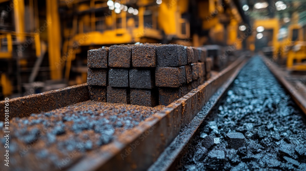 Aufkleber stacks of heavy materials lie on metal tracks, highlighting the intricacies of mining operations in 