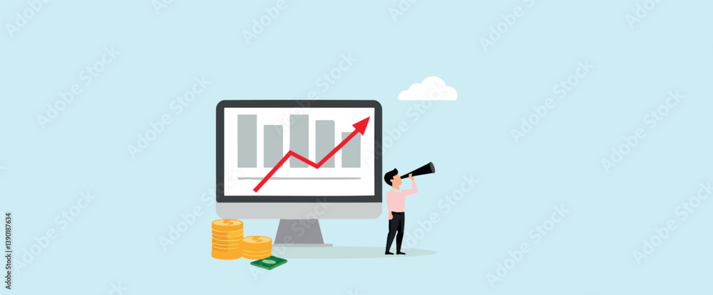 Poster businessman using telescope to view upward trending graph on computer screen