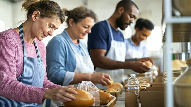 A dedicated volunteer team sorts and organizes donations at a food bank for charitable support.
