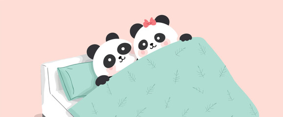 two cute pandas snuggling under a blanket in bed