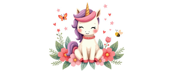 charming unicorn sitting amidst vibrant flowers
